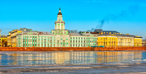 Fototapeta na wymiar Saint Petersburg city landscape University embankment and the building of the Kunstkamera