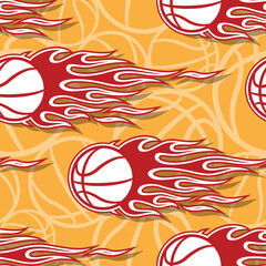 Basketball balls and tribal fire flames seamless pattern vector graphic digital paper design
