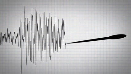 Seismometer scale drawing waves of an earthquake on a paper. Measuring the magnitude of a volcanic activity or a quake. Richter scale detecting the intensity of shaking