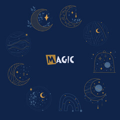 Magical elegant collection of cosmic elements. Mystical and cute set of stylized moon, planet, stars and other unusual compositions.