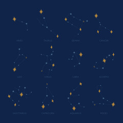 Obraz na płótnie Canvas Set of mystical constellations. Magical elegant collection of cosmic elements. Cute set of stylized moons, suns, planets, constellations and other unusual compositions.