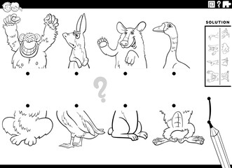 Fototapeta na wymiar match halves of cartoon animals pictures task coloring page