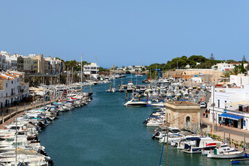Ciutadella, Menorca (Minorca), Spain. Ciutatella marina (Puerto de Ciutadella) with boats and yachts. Sunny day in the marina of Ciutedella