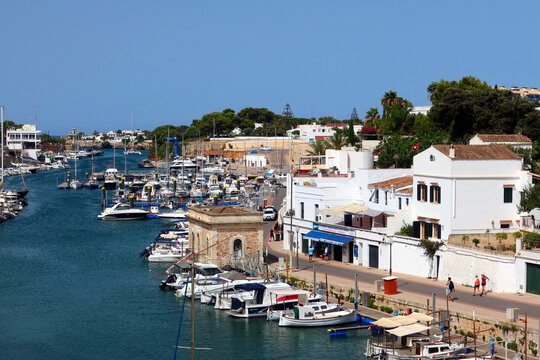 Ciutadella, Menorca (Minorca), Spain. Ciutatella marina (Puerto de Ciutadella) with boats and yachts. Sunny day in the marina of Ciutedella