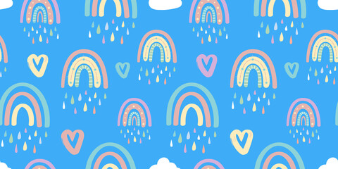 Cute rainbow and hearts seamless pattern. Romantic pattern for Valentines Day.Creative childrens illustration in a fashionable Scandinavian style. 