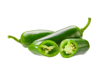 whole and chopped green jalapeno pepper isolated on white background.