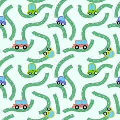 Cartoon kids seamless cars road pattern for child clothes print and wrapping paper and fabrics and accessories