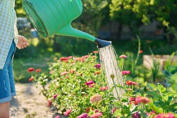 Woman watering zinnia flowers in garden from watering can