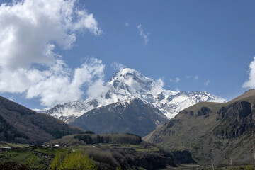 Mount Kazbek or Mount Kazbegi on a sunny clear day