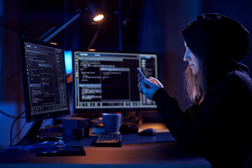cybercrime, hacking and technology concept - female hacker with smartphone using computer virus program for cyber attack in dark room