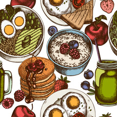 Breakfast seamless pattern background design. Engraved style. Hand drawn pancakes, bowl with avocado, porridge with berries, fried eggs, raspberry, blueberry, strawberry, apples, smothie jars.