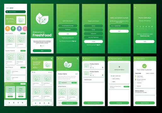 Fresh Food Shopping Mobile App Screens Design Vector On A Green Background. Shopping App Ui Design