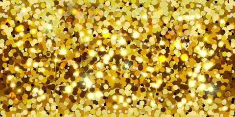Golden sparkling background of shining particles and stars. Shiny and shimmery texture. Seamless pattern.