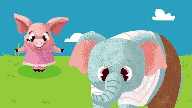 funny pig and elephant characters animation