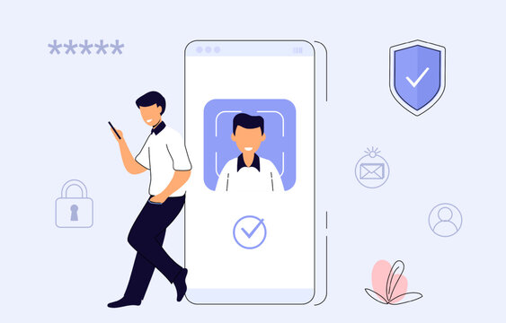 Id face identity Facial recognition technology Biometric identification Face ID system scanning in smartphone Mobile app for face recognition Unlock device Vector illustration concept