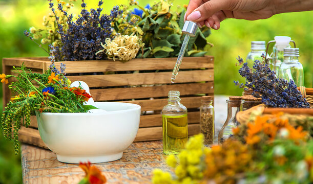 Medicinal Herbs And Natural Tinctures. Selective Focus.