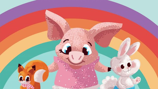 cute animals and rainbow animation