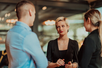 Photo of a business team of young people discussing business ideas in a modern urban environment. Selective focus 