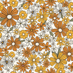 Floral hippie seamless pattern in retro with glower. style 70s, 60s. Flower Child, Hippie Style, summer floral background. Groove floral texture of the seventies. Vector.