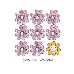 You are unique - hand-drawn quote. Creative lettering illustration with flowers.