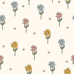 blooming pattern with simple delicate flowers in pastel colors. blue and pink flowers on stems