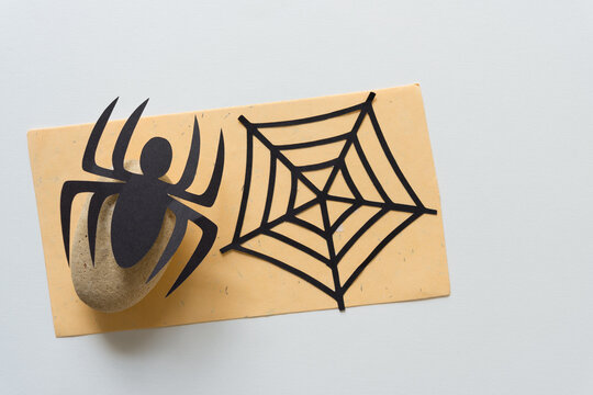 paper spider on a rock and web on paper
