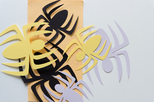 black, yellow, and lavender paper spiders on blank paper