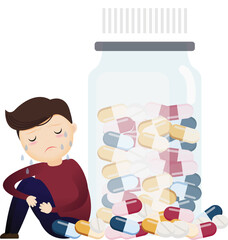Depressed woman sitting with a bottle of pills.