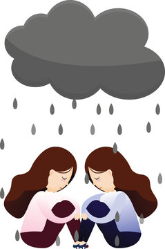 Pessimistic And Depressed Woman Sitting Under Rain As The Negative Thoughts Stands Over His Head Like A Storm Cloud.