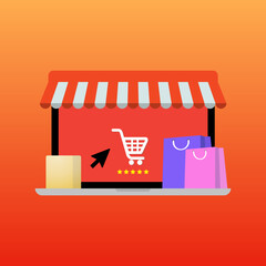 Concept of online shop, e-commerce internet store vector with laptop and chart icon illustration.