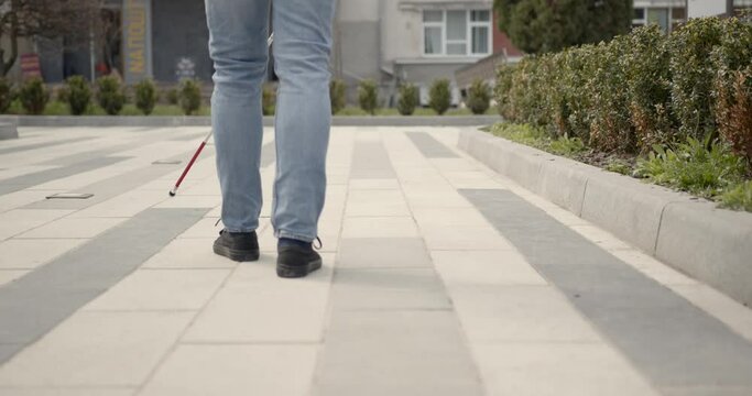 man walking in nature on the side walk holding a stick he is blinded needed directions