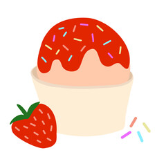 Strawberry ice cream in paper cup with red jam or sauce and colourful sprinkles, flat doodle vector