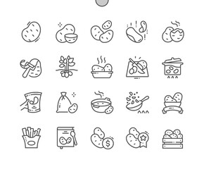 Potato vegetable. Food. Cooking, recipes and price. Potato chips. Menu for cafe. Pixel Perfect Vector Thin Line Icons. Simple Minimal Pictogram