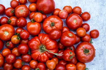 Various sizes of red, homegrown tomatoes on a concrete background. Background, graphic resource.