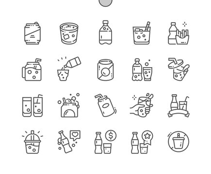 Soda drink. Cocktail, lemonade, cola, beverage in bottle. Fast food. Pixel Perfect Vector Thin Line Icons. Simple Minimal Pictogram