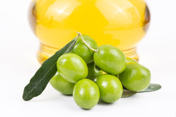 Green olive and olive oil isolated