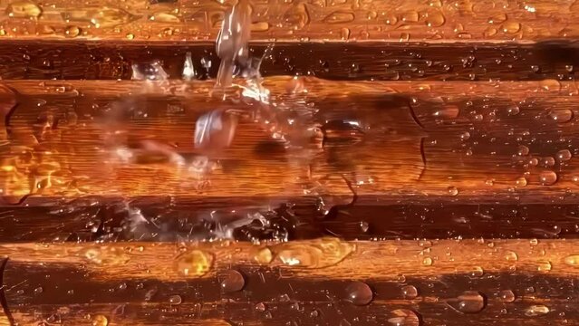 Water droplets beading on a smooth red wooden surface, highlighting its water-resistant finish with drops glistening in the light.