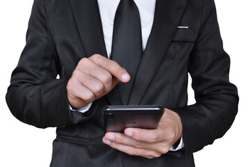 Close-up image of businessman hand holding mobile phone isolated on transparent background - PNG format.