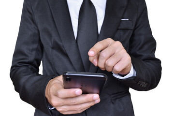 Close-up image of businessman hand holding mobile phone isolated on transparent background - PNG format.