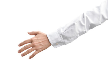 Man hand gesture in white shirt isolated on transparent background - PNG format.