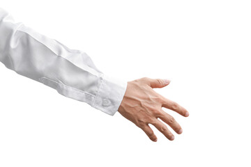 Man hand gesture in white shirt isolated on transparent background - PNG format.