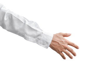 Man hand gesture in white shirt isolated on transparent background - PNG format.