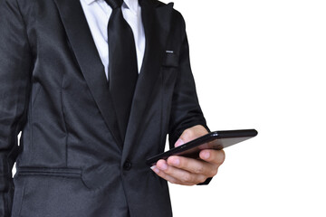 Close-up image of businessman hand holding mobile phone isolated on transparent background - PNG format.