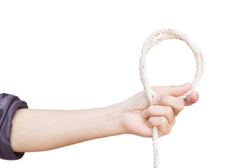 Man hand holding rope isolated on transparent background - PNG format.
