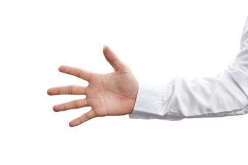 Man hand gesture in white shirt isolated on transparent background - PNG format.