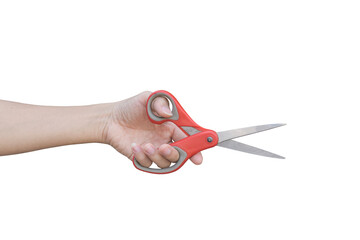 Hand holding scissors isolated on transparent background - PNG format. - obrazy, fototapety, plakaty