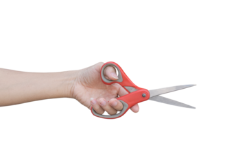 Hand holding scissors isolated on transparent background - PNG format.