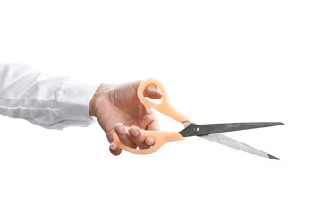 Hand holding scissors isolated on transparent background - PNG format.