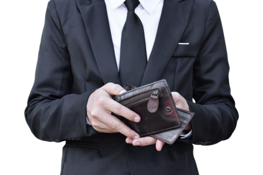 Close up of businessman holding leather wallet. Finance, investment and money saving on transparent background - PNG format.