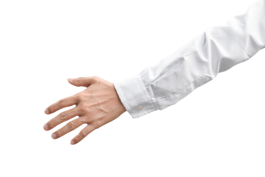 Man hand gesture in white shirt isolated on transparent background - PNG format.